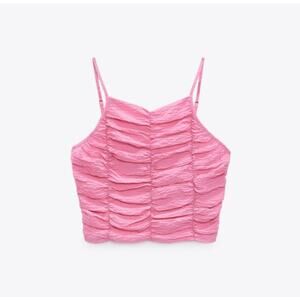 Zara Cropped Barbie Bright Pink Ruched Tank Top, Medium